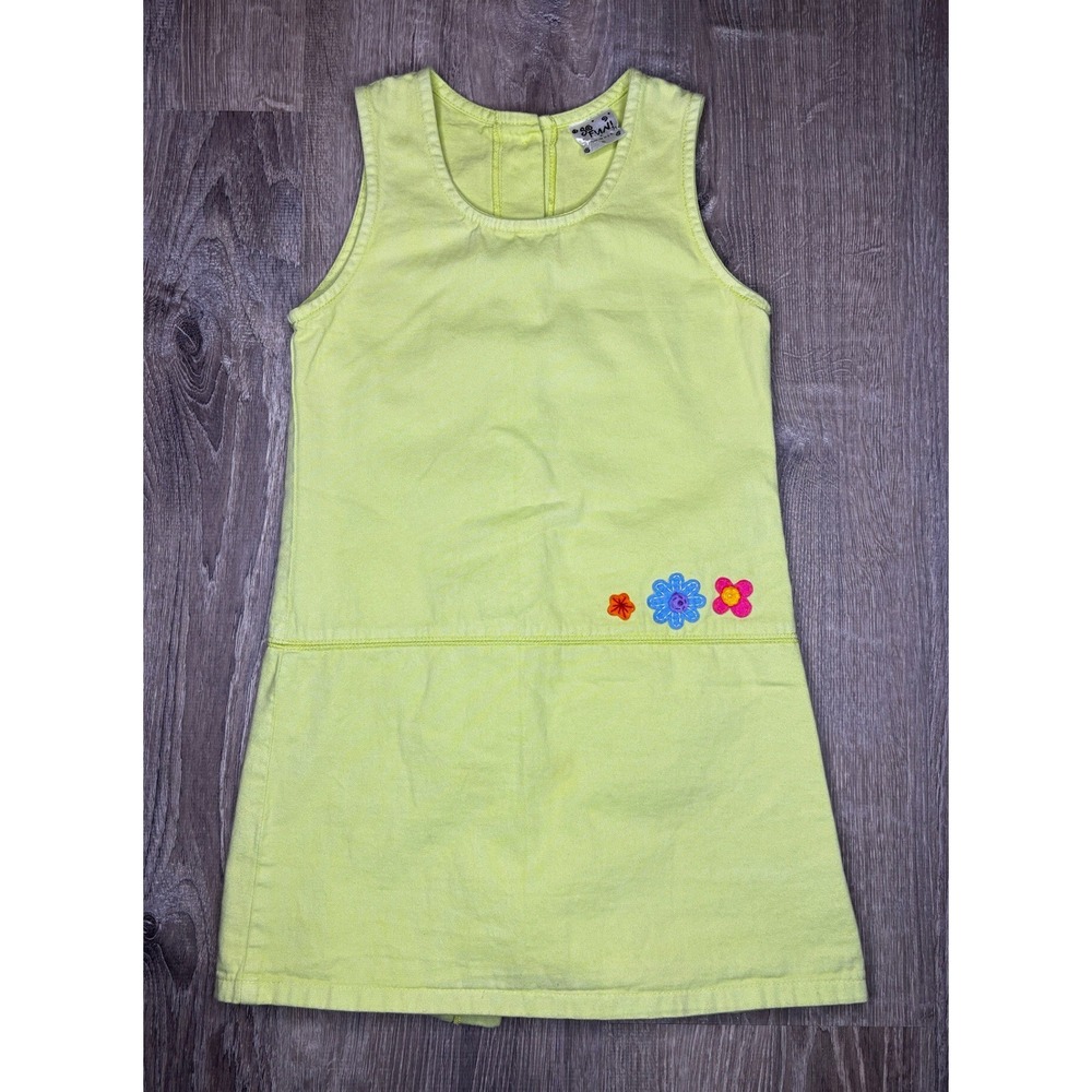 So Fun! Vintage Girls Lime Green Flower Applique Button Back Dress Summer Size 8